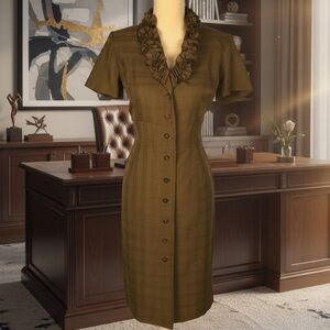 Danny & Nicole Brown Short Sleeve Button Front Career Ruffle Collar Dress Sz 12